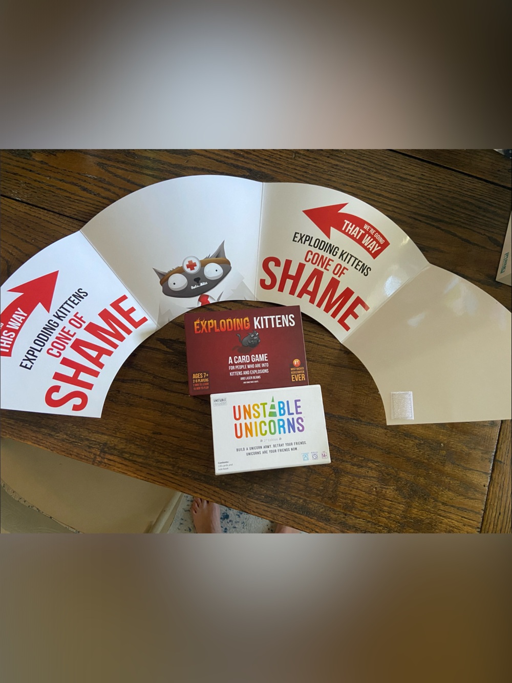 Exploding Kittens Cone of Shame + Unstable Unicorns Bundle - White & Red Accents